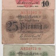 Gera-Notgeld 10-25-50 Pfennig von 1920 stark gebrauchte Erhaltung 3Scheine