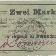 Graetz-Posen-Notgeld 2Mark vom 08.08.1914Nr.992 -stark-gebraucht- selten