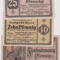 Greiz-Notgeld 10-25 Pfennig vom 01.10.1919 und 25 Pfennig vom 01.01.1919 3Scheine