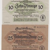 Grimma-Notgeld 10-25 Pfennige vom 21.02.1917,10 Pfennig gebrauchte Erhaltung 2Scheine