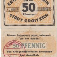 Groitsch-Notgeld Kriegshilfsverein 50 Pfennig Kz.10676 mit rotem Stempel