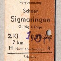 u042) BRD - Pappfahrkarte - Rückf - Scheer - Sigmaringen (1,00 auf 0,90)