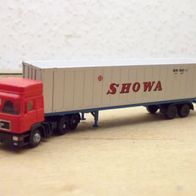 MAN F90 ´86 HD, 45 ft.-Cont.-Sz., rot-silber, Showa, Ep4, Lemke MiNis / Herpa, Spur N