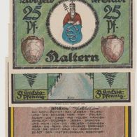 Haltern-Notgeld 25-50 Pfennig und1 Mark vom 01.06.1922, 3Scheine