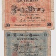 Hanau-Notgeld 10-50 Pfennig vom 25.05.1917stark gebrauchte-Erhaltung 2Scheine