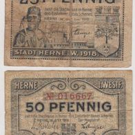 Herne-Notgeld 25Pf.v.01.06.1918-u.50Pf. vom01.01.1919 stark gebr. Erhaltung 2Scheine