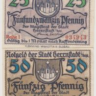 Herrnstadt-Schlesien-Notgeld 25-50 Pfennig ohne Datum, 2Scheine,