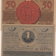 Horn-Lippe-Notgeld 50 Pfennig und 1-Mark vom 01.11.1921 ,2Scheine