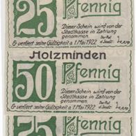 Holzminden-Notgeld 25-50-75 Pfennige vom 01.05.1922, 3Scheine