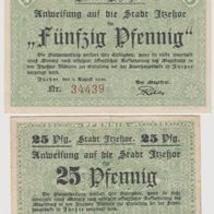Itzehoe-Notgeld 25-50 Pfennig vom 02.08.1920 Nr.34439 und 19616 rot.