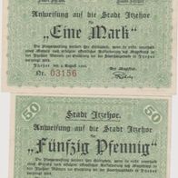 Itzehoe-Notgeld 50 Pfennige und Eine Mark vom 02.08.1920 Nr.03156 und 60434 2Scheine