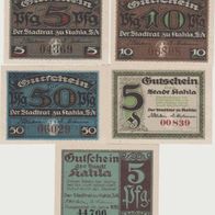 Kahla-Notgeld 5-5-5-10-50 Pfennige von 1920 und ohne Datum, 5verschiedene Scheine