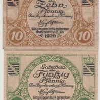 Kamenz-Notgeld 10-50 Pfennige bis 31.06.1920, 2Scheine, davon10Pf. stark gebraucht