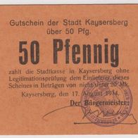 Kayserberg-Elsass-Notgeld 50 Pfennige vom 17.08.1914 Entwertet sauberer Stempel,