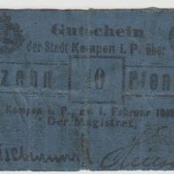 Kempen-Posen-Pommern-Notgeld 10 Pf. vom 01.02.1917, Leinen, stark gebraucht