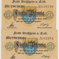 Kirchheim-Teck-Notgeld 50-50 Pfennig vom 19.09.1918, 2verschiedeneScheine