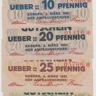 Koberg-Lauenburg-Notgeld 10-20-25-50 Pfennig vom 03.03.1921 4Scheine