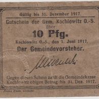 Kochlowitz-Schlesien-Notgeld 10 Pfennig vom 01.06.1917 RS schrägrechts, gebraucht Erh