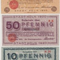 Köln-Notgeld 10-25-50 Pfennig vom 01.05.1920 3Scheine