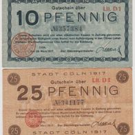 Köln-Notgeld 10-25 Pfennig vom 29.03.1917, 100x55mm 2Scheine, selten