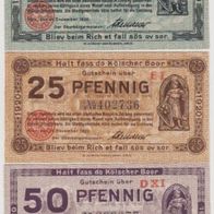 Köln-Notgeld 10-25-50 Pfennig vom 31.12.1920 mit Siege Cöln 3Scheine