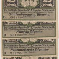 Lähn-Riesengebirge-Notgeld 25-50-75 Pfennig und 1Mark, 4Scheine