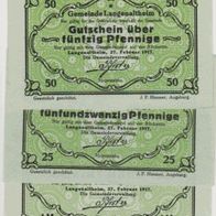 Langenaltheim-Notgeld 25-50 Pf, und 1Mark grün vom 27.02.1917, 3Scheine