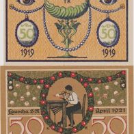 Lauscha-Notgeld 50 Pfennig von 1919 und 50Pf. vom 04.1921 ,2Scheine