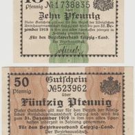 Leipzig-Notgeld 10 Pf. bis 31.12.1918 und 50 Pfennig bis 31.12.1919, 2Scheine