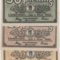 Lieberose-Notgeld 10-25-50 Pfennig vom 01.05.1921, 3Scheine