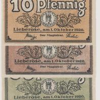 Lieberose-Notgeld 10-25-50 Pfennig vom 01.08.1920, 3Scheine