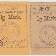 Liebstadt-Ostpreußen-Notgeld 2x Eine halbe Mark mit Nr.12567 und 865 2Scheine