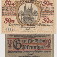 Lindenberg-Notgeld 10-50 Pfennig vom 01-08-1917, Bütten-Papier, 2Scheine