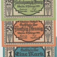 Löbejün-Notgeld 25-50 Pfennig und 1Mark vom 25.02.1921 3Scheine