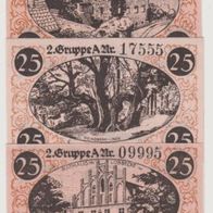 Lübbecke-Notgeld 3x25 Pfennig vom 08.12.1920, 3Scheine Motiv -Bauwerke,