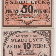 Lyck-Ostpreußen-Notgeld 10 Pfennig o.D. 50 Pfennige bis31.03.1918, selten-2Scheine