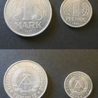 1 Marke Münze DDR 1977 und 1 Pfennig Münze DDR 1985