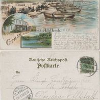 Ahlbeck-Ostseebad-Litho-Ak 1898 drei Bilder Strandmotiv mit Gasthaus Knüppel Erh.1