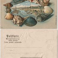 Ahlbeck-Ostseebad-Litho-AK um 1900 Prägekarte mit Muschelmotiv Erhaltung 1