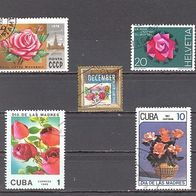 Rosen: Sowjetunion, Niederlande, Schweiz, Kuba, 5 Briefm., gest.