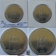 1989-Germany-10 Mark (J)- 800 years Port of Hamburg-silver coin-BU