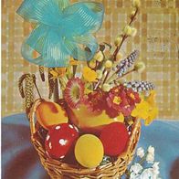 alte AK Ostern, Osterkorb mit Ostereiern und Blumen, Schleife