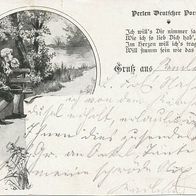 alte AK Grußkarte 1899, junger Mann auf der Bank am See, Perlen deutscher Poesie