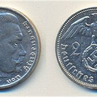 Deutsches Reich Silber 2 Reichsmark 1939 A, Paul v. Hindenburg