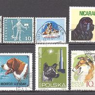 Hunde, 7 Briefm., gest.: Japan, Nicaragua, Mongolei, Sowjetunion, Schweiz, Polen