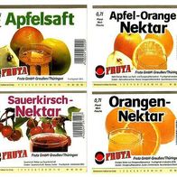 4 alte Nektar Etiketten - Fruta Greußen - Sauerkirsch, Apfel-, Orange, Apfelsaft