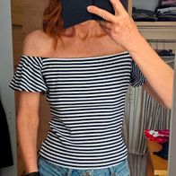 Crop Carmen Top Schulterfrei von Mango gestreift Marineblau-weiß XS