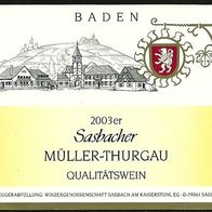 Weinetikett 2003 Sasbacher Müller-Thurgau Winzergenossenschaft Sasbach am Kaiserstuhl