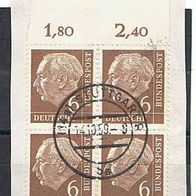 Bund MiNr. 180 Heuss I Viererblock mit Oberrand Tagesstempel