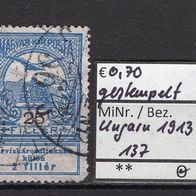 Ungarn 1913 Hochwasserhilfe für den Ost-Banat MiNr. 137 gestempelt -1